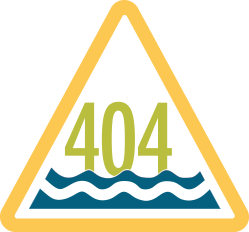 404 in a triagle sign with water waves at the bottom